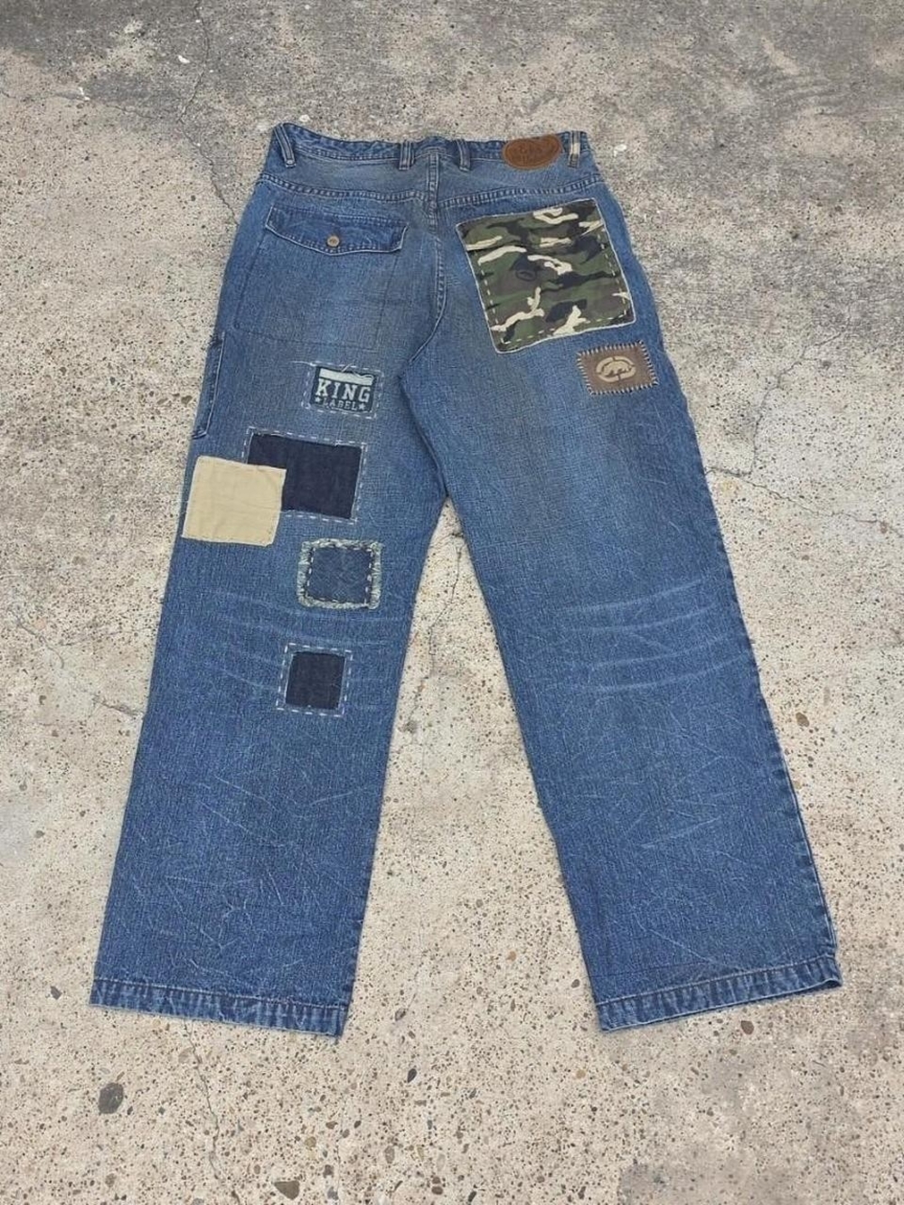 Vintage Y2K Ecko UNLTD Baggy Patchwork Camo Denim Jeans Mens 32 Blue Faded